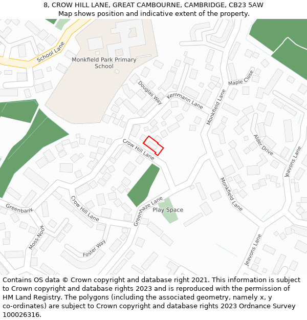 8, CROW HILL LANE, GREAT CAMBOURNE, CAMBRIDGE, CB23 5AW: Location map and indicative extent of plot