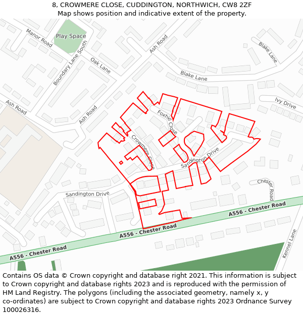 8, CROWMERE CLOSE, CUDDINGTON, NORTHWICH, CW8 2ZF: Location map and indicative extent of plot