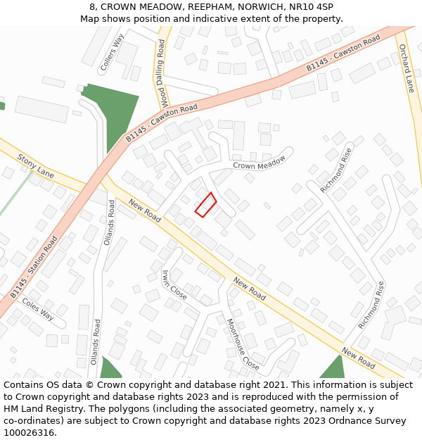 8, CROWN MEADOW, REEPHAM, NORWICH, NR10 4SP: Location map and indicative extent of plot