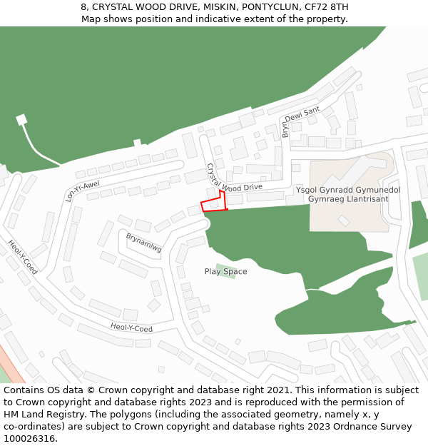 8, CRYSTAL WOOD DRIVE, MISKIN, PONTYCLUN, CF72 8TH: Location map and indicative extent of plot