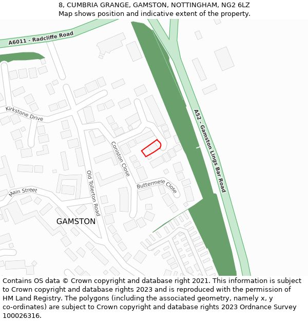 8, CUMBRIA GRANGE, GAMSTON, NOTTINGHAM, NG2 6LZ: Location map and indicative extent of plot