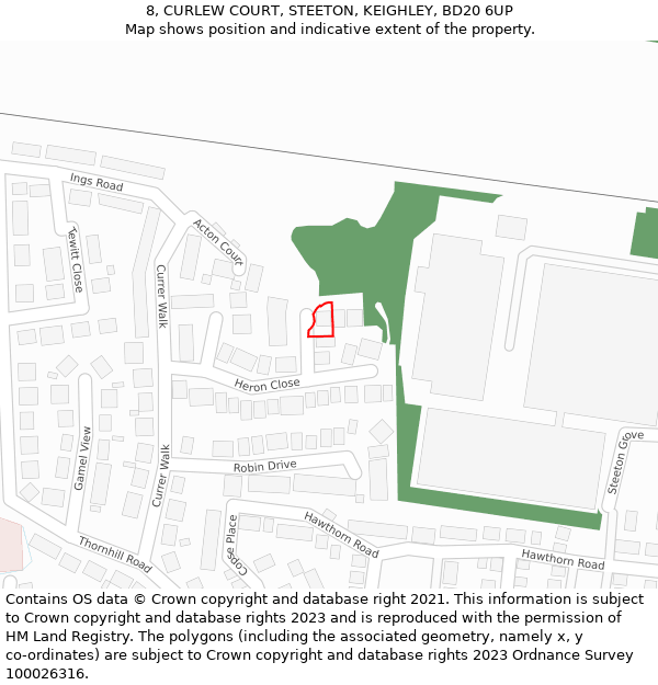 8, CURLEW COURT, STEETON, KEIGHLEY, BD20 6UP: Location map and indicative extent of plot