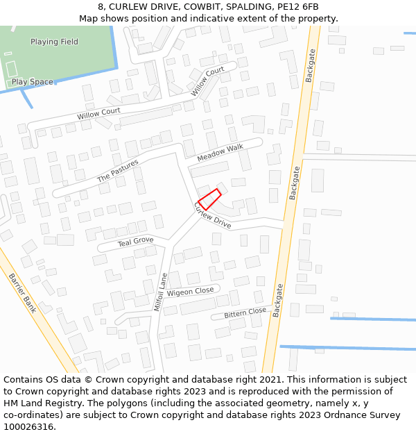 8, CURLEW DRIVE, COWBIT, SPALDING, PE12 6FB: Location map and indicative extent of plot