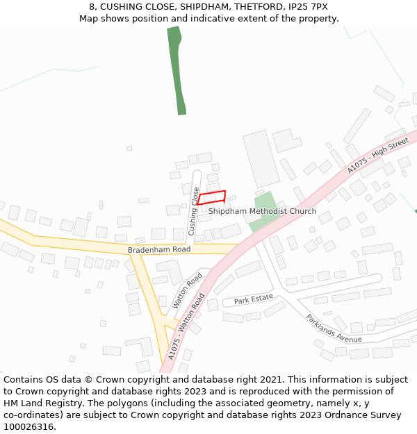 8, CUSHING CLOSE, SHIPDHAM, THETFORD, IP25 7PX: Location map and indicative extent of plot