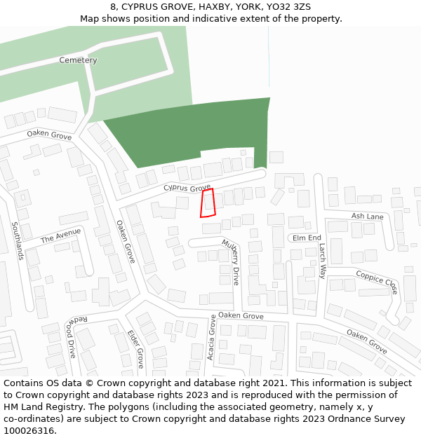 8, CYPRUS GROVE, HAXBY, YORK, YO32 3ZS: Location map and indicative extent of plot