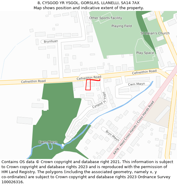 8, CYSGOD YR YSGOL, GORSLAS, LLANELLI, SA14 7AX: Location map and indicative extent of plot