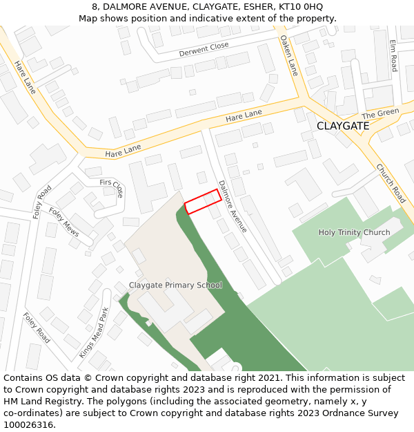 8, DALMORE AVENUE, CLAYGATE, ESHER, KT10 0HQ: Location map and indicative extent of plot