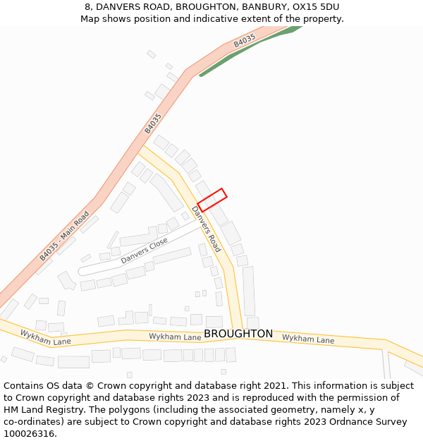 8, DANVERS ROAD, BROUGHTON, BANBURY, OX15 5DU: Location map and indicative extent of plot