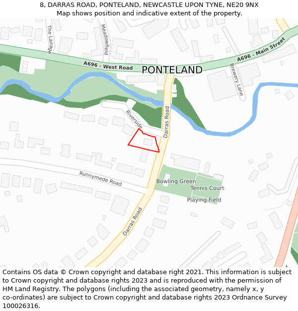 8, DARRAS ROAD, PONTELAND, NEWCASTLE UPON TYNE, NE20 9NX: Location map and indicative extent of plot