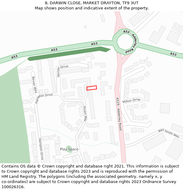 8, DARWIN CLOSE, MARKET DRAYTON, TF9 3UT: Location map and indicative extent of plot