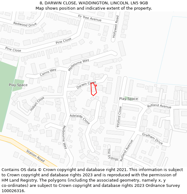 8, DARWIN CLOSE, WADDINGTON, LINCOLN, LN5 9GB: Location map and indicative extent of plot