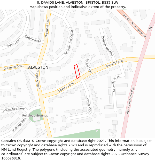 8, DAVIDS LANE, ALVESTON, BRISTOL, BS35 3LW: Location map and indicative extent of plot