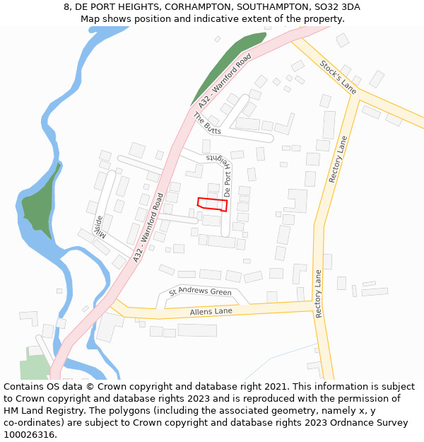 8, DE PORT HEIGHTS, CORHAMPTON, SOUTHAMPTON, SO32 3DA: Location map and indicative extent of plot