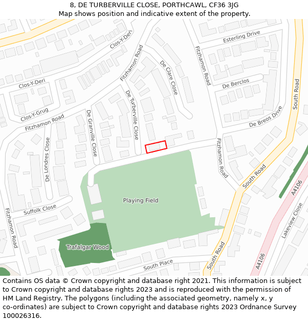 8, DE TURBERVILLE CLOSE, PORTHCAWL, CF36 3JG: Location map and indicative extent of plot