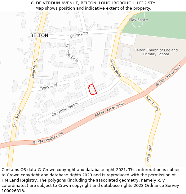 8, DE VERDUN AVENUE, BELTON, LOUGHBOROUGH, LE12 9TY: Location map and indicative extent of plot