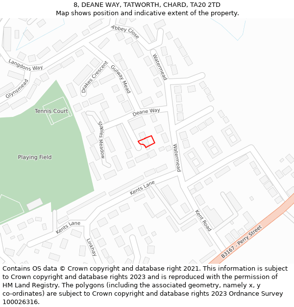 8, DEANE WAY, TATWORTH, CHARD, TA20 2TD: Location map and indicative extent of plot