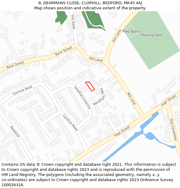 8, DEARMANS CLOSE, CLOPHILL, BEDFORD, MK45 4AJ: Location map and indicative extent of plot