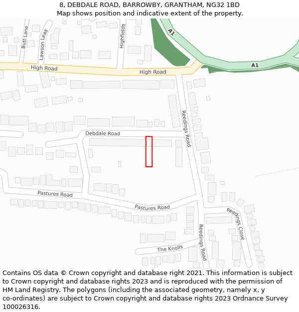8, DEBDALE ROAD, BARROWBY, GRANTHAM, NG32 1BD: Location map and indicative extent of plot