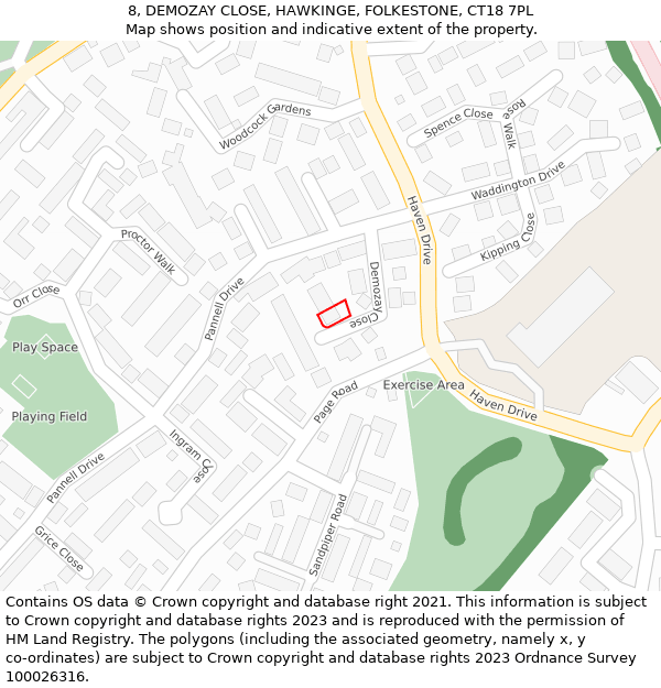 8, DEMOZAY CLOSE, HAWKINGE, FOLKESTONE, CT18 7PL: Location map and indicative extent of plot