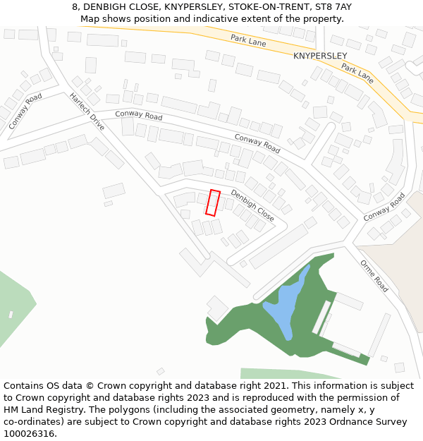 8, DENBIGH CLOSE, KNYPERSLEY, STOKE-ON-TRENT, ST8 7AY: Location map and indicative extent of plot