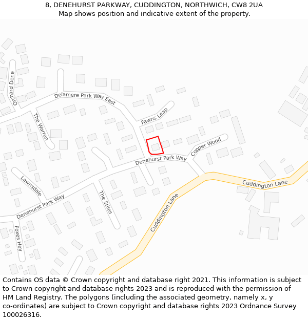 8, DENEHURST PARKWAY, CUDDINGTON, NORTHWICH, CW8 2UA: Location map and indicative extent of plot