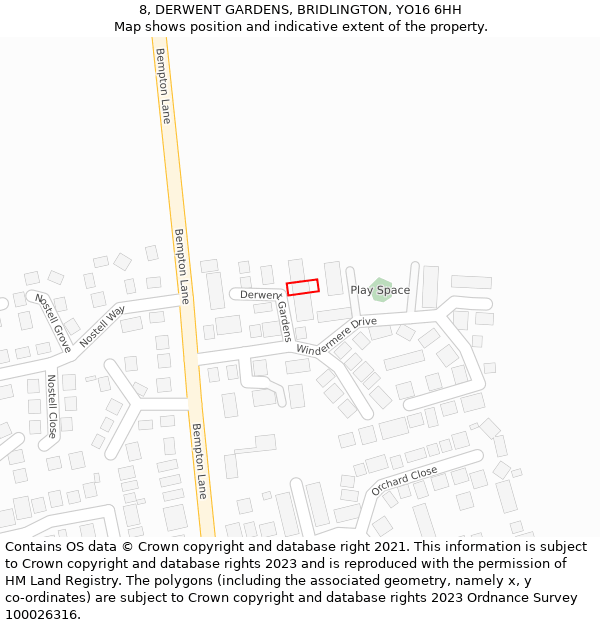 8, DERWENT GARDENS, BRIDLINGTON, YO16 6HH: Location map and indicative extent of plot