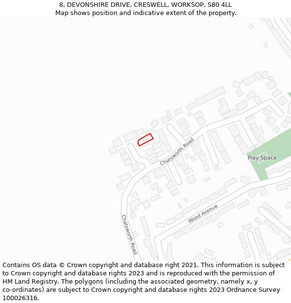 8, DEVONSHIRE DRIVE, CRESWELL, WORKSOP, S80 4LL: Location map and indicative extent of plot