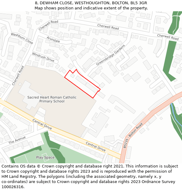 8, DEWHAM CLOSE, WESTHOUGHTON, BOLTON, BL5 3GR: Location map and indicative extent of plot