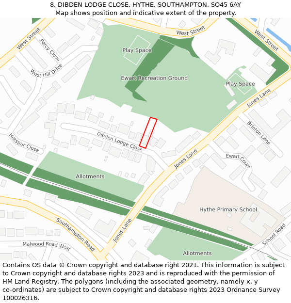 8, DIBDEN LODGE CLOSE, HYTHE, SOUTHAMPTON, SO45 6AY: Location map and indicative extent of plot