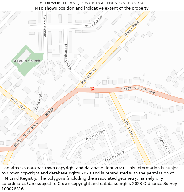 8, DILWORTH LANE, LONGRIDGE, PRESTON, PR3 3SU: Location map and indicative extent of plot