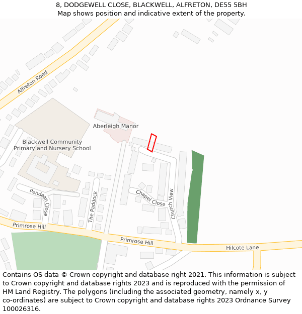 8, DODGEWELL CLOSE, BLACKWELL, ALFRETON, DE55 5BH: Location map and indicative extent of plot