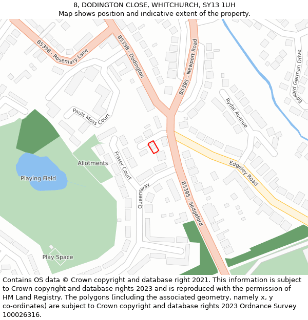 8, DODINGTON CLOSE, WHITCHURCH, SY13 1UH: Location map and indicative extent of plot