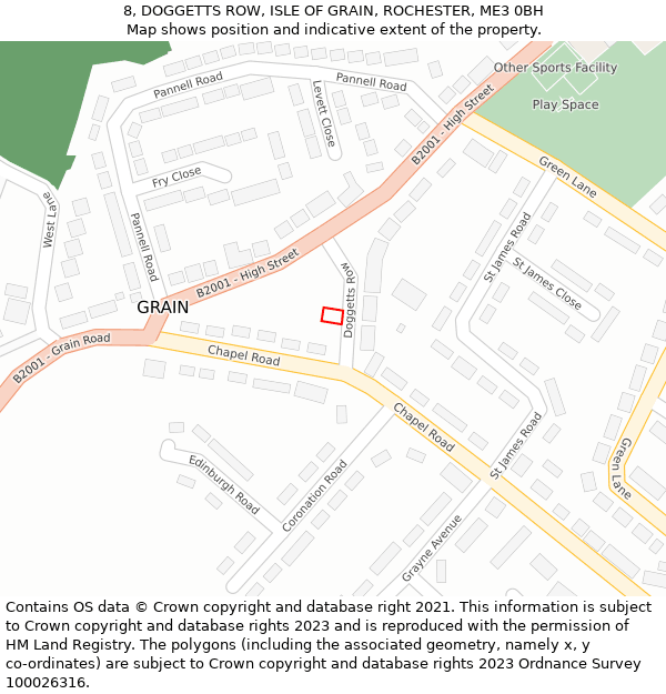 8, DOGGETTS ROW, ISLE OF GRAIN, ROCHESTER, ME3 0BH: Location map and indicative extent of plot