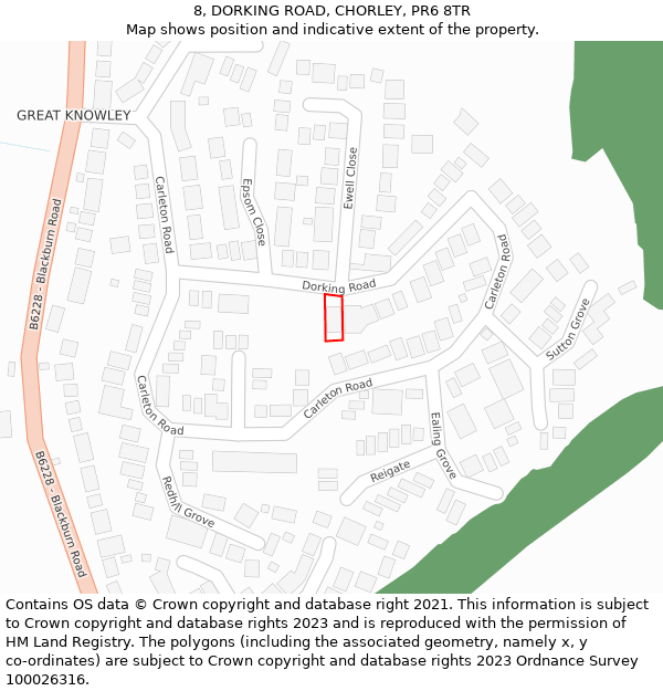 8, DORKING ROAD, CHORLEY, PR6 8TR: Location map and indicative extent of plot