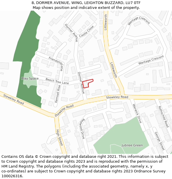 8, DORMER AVENUE, WING, LEIGHTON BUZZARD, LU7 0TF: Location map and indicative extent of plot