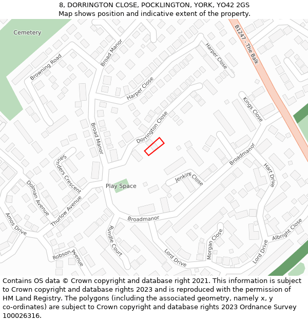 8, DORRINGTON CLOSE, POCKLINGTON, YORK, YO42 2GS: Location map and indicative extent of plot