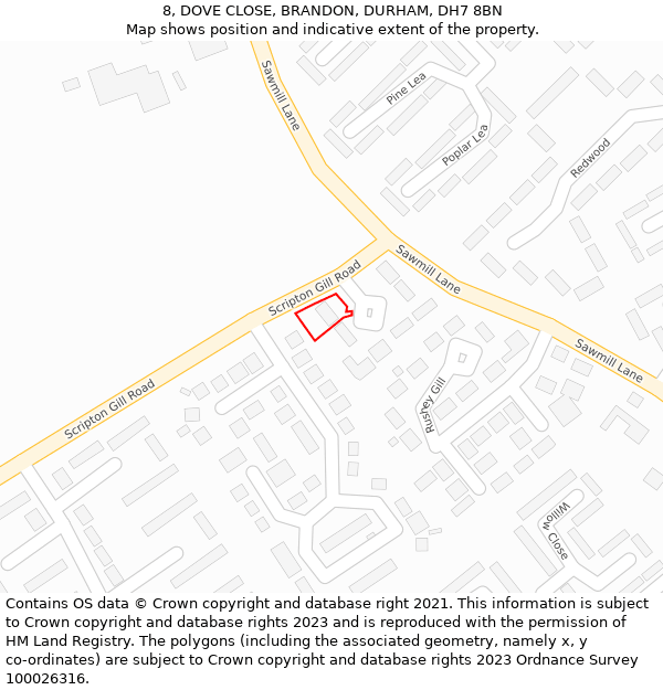 8, DOVE CLOSE, BRANDON, DURHAM, DH7 8BN: Location map and indicative extent of plot