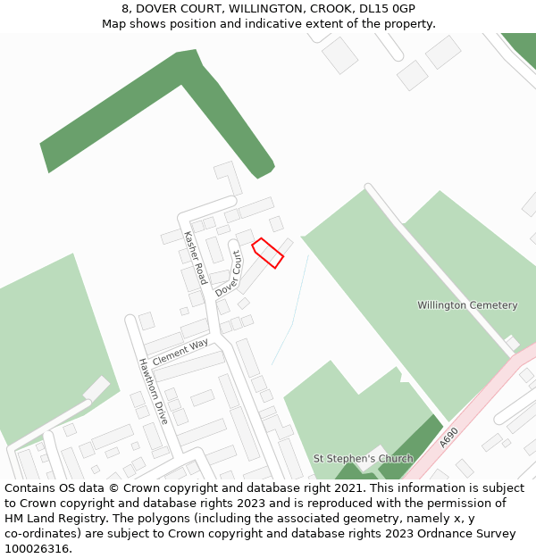 8, DOVER COURT, WILLINGTON, CROOK, DL15 0GP: Location map and indicative extent of plot