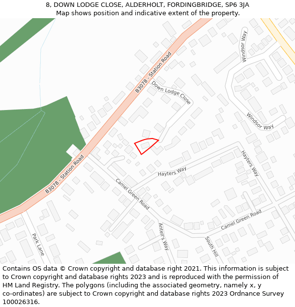 8, DOWN LODGE CLOSE, ALDERHOLT, FORDINGBRIDGE, SP6 3JA: Location map and indicative extent of plot