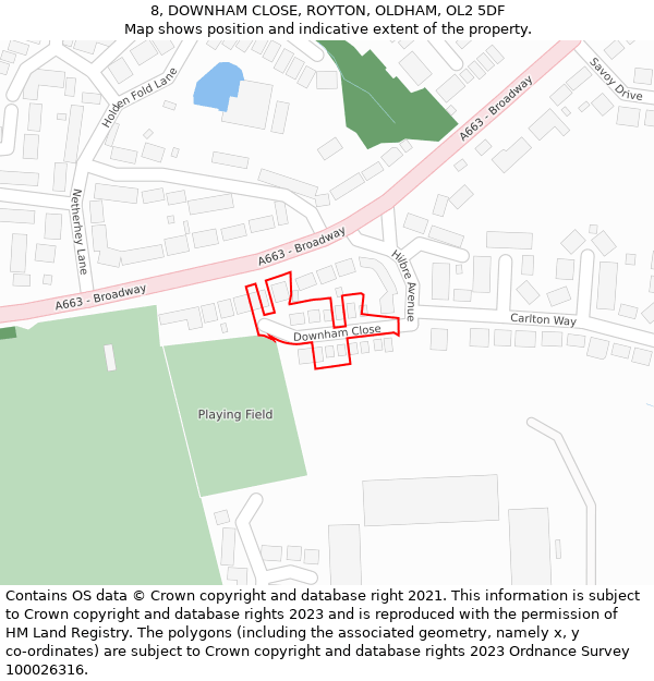 8, DOWNHAM CLOSE, ROYTON, OLDHAM, OL2 5DF: Location map and indicative extent of plot