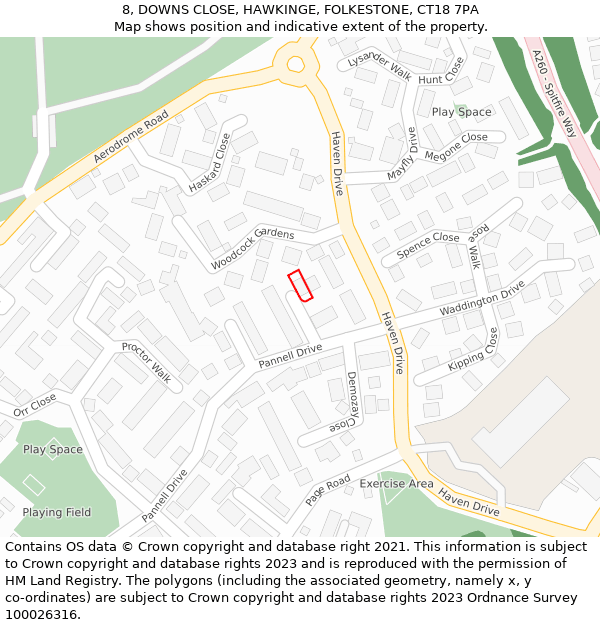 8, DOWNS CLOSE, HAWKINGE, FOLKESTONE, CT18 7PA: Location map and indicative extent of plot