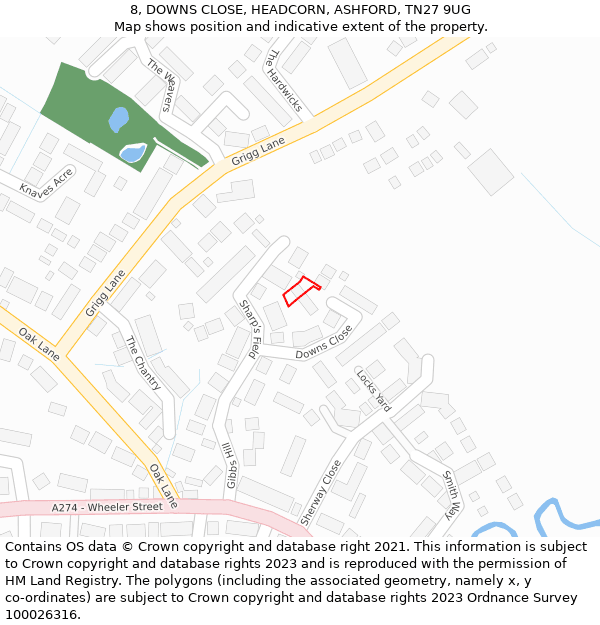 8, DOWNS CLOSE, HEADCORN, ASHFORD, TN27 9UG: Location map and indicative extent of plot