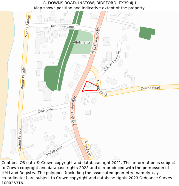 8, DOWNS ROAD, INSTOW, BIDEFORD, EX39 4JU: Location map and indicative extent of plot
