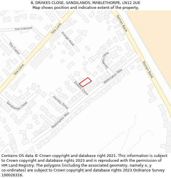 8, DRAKES CLOSE, SANDILANDS, MABLETHORPE, LN12 2UE: Location map and indicative extent of plot