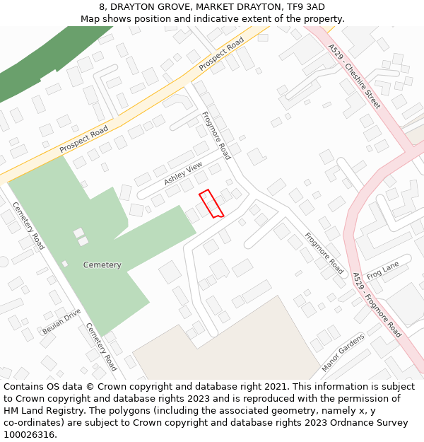 8, DRAYTON GROVE, MARKET DRAYTON, TF9 3AD: Location map and indicative extent of plot