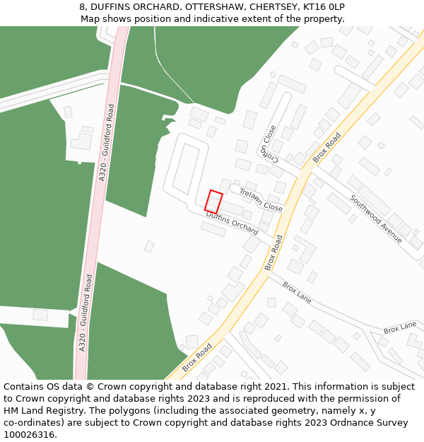 8, DUFFINS ORCHARD, OTTERSHAW, CHERTSEY, KT16 0LP: Location map and indicative extent of plot