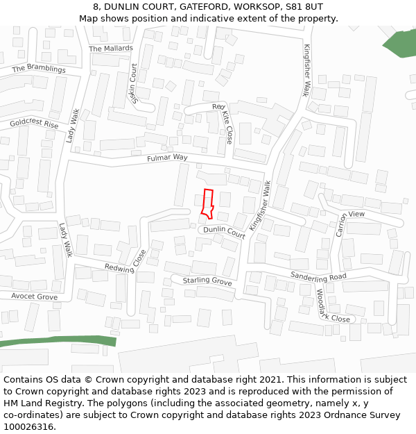 8, DUNLIN COURT, GATEFORD, WORKSOP, S81 8UT: Location map and indicative extent of plot