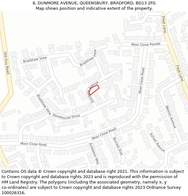 8, DUNMORE AVENUE, QUEENSBURY, BRADFORD, BD13 2FG: Location map and indicative extent of plot