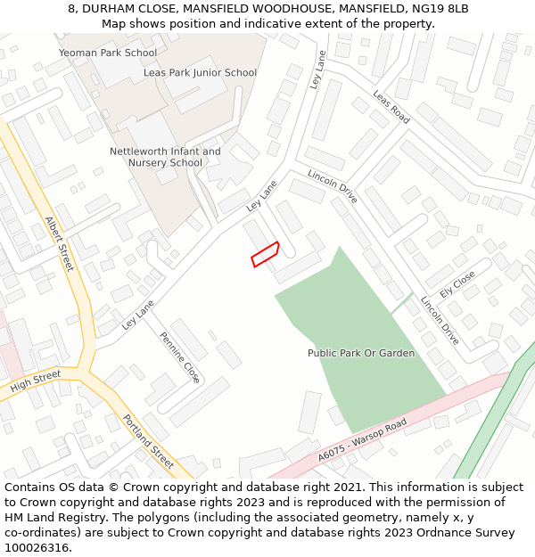 8, DURHAM CLOSE, MANSFIELD WOODHOUSE, MANSFIELD, NG19 8LB: Location map and indicative extent of plot