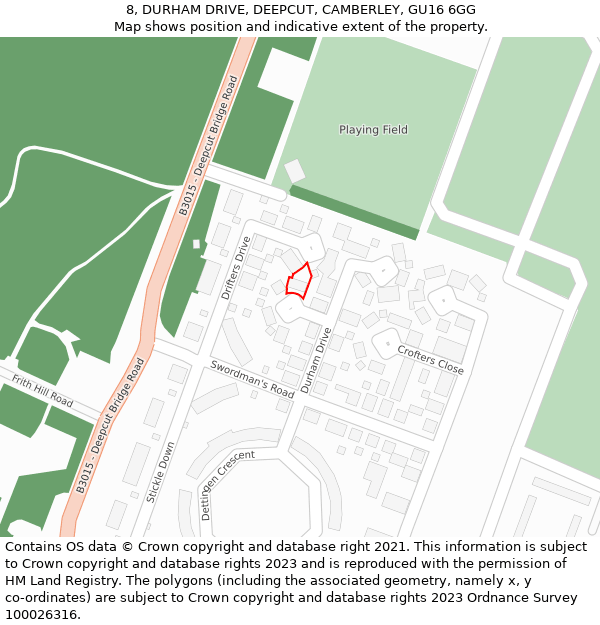 8, DURHAM DRIVE, DEEPCUT, CAMBERLEY, GU16 6GG: Location map and indicative extent of plot